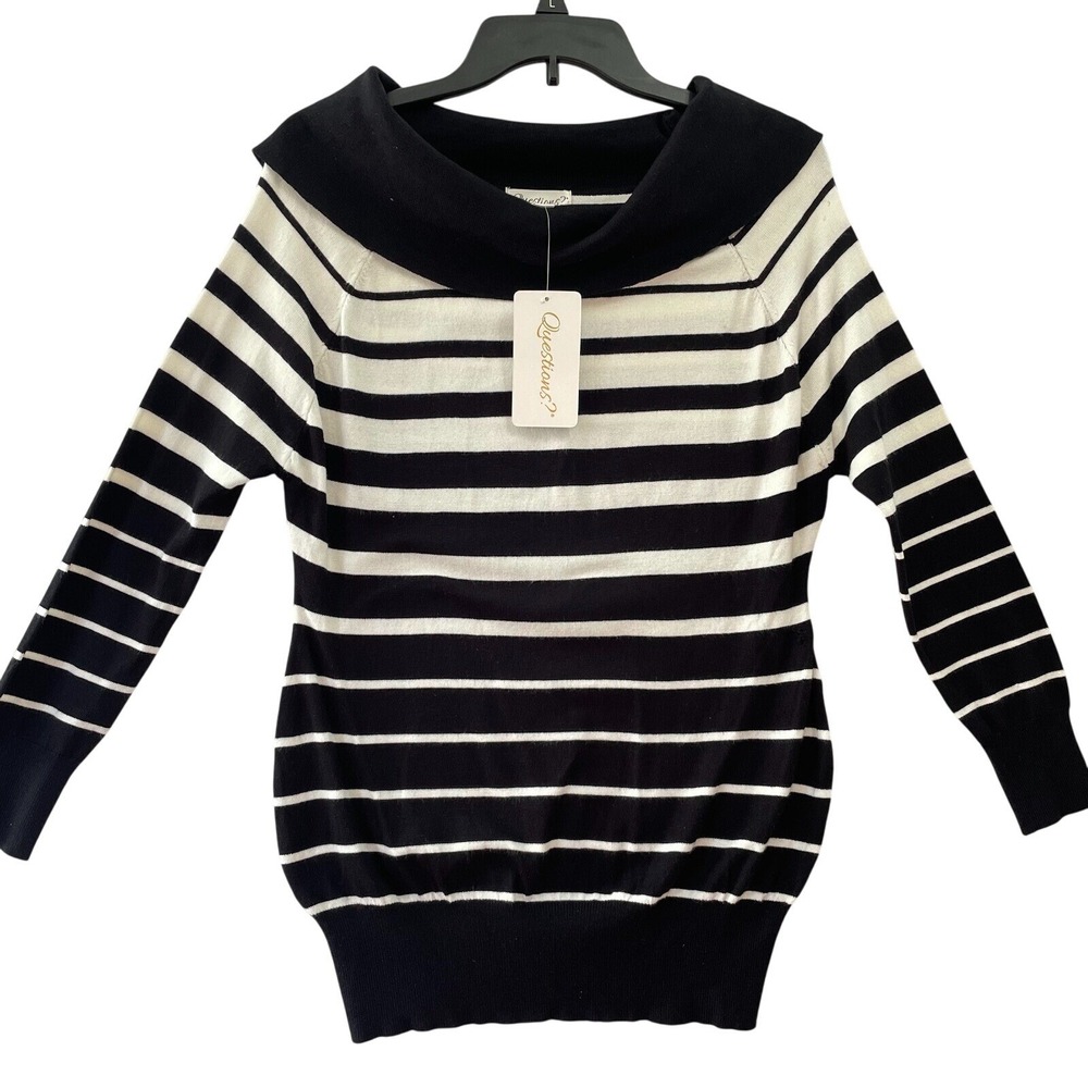 Questions Women S Striped Off Shoulder Boat Neck Sweater Top Black White Metalli